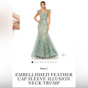 Mac Duggal EMBELLISHED FEATHER CAP SLEEVE ILLUSION NECK TRUMP. Color: Sage